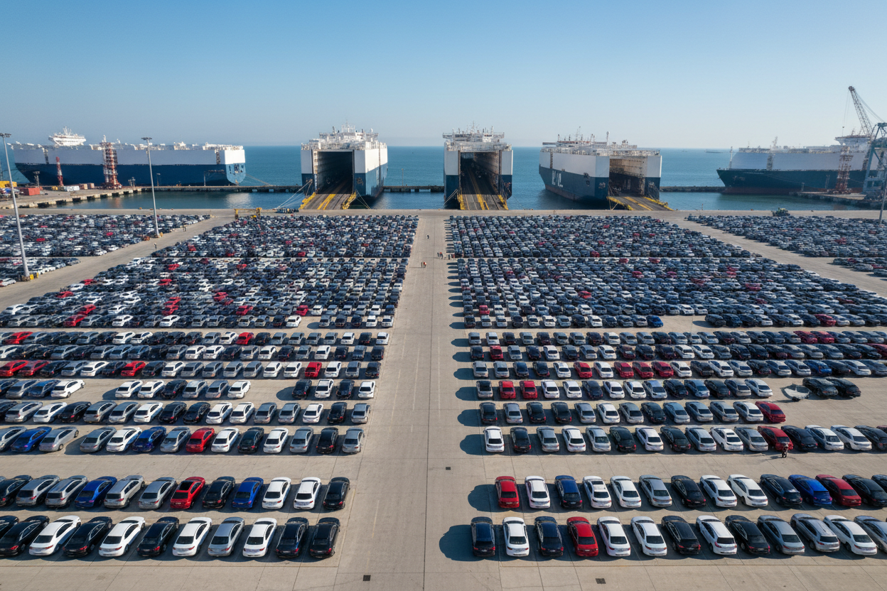 很多车整齐排列在港口准备运上货轮发往世界各地